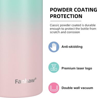 Спортивна пляшка для води Fanhaw 600мл з нержавіючої сталі з трубочкою для школи, дітей, чоловіків та жінок (зелено-рожевий)