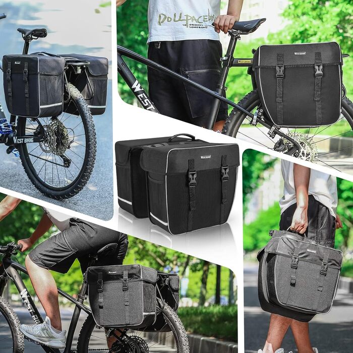 Велосипедна сумка West Biking 30L, водонепроникна, подвійна, на багажник, з ременем, захистом від дощу, чорна, міцна для перевезення речей