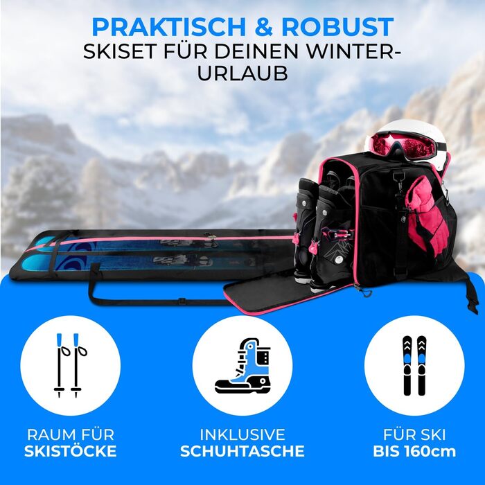 Набір STYNGARD для гірськолижного спорядження: сумка для лиж (120-160 см) та сумка для черевиків з відділенням для шолома (40 л), сітка для вентиляції, модель St. Moritz, чорно-рожевий