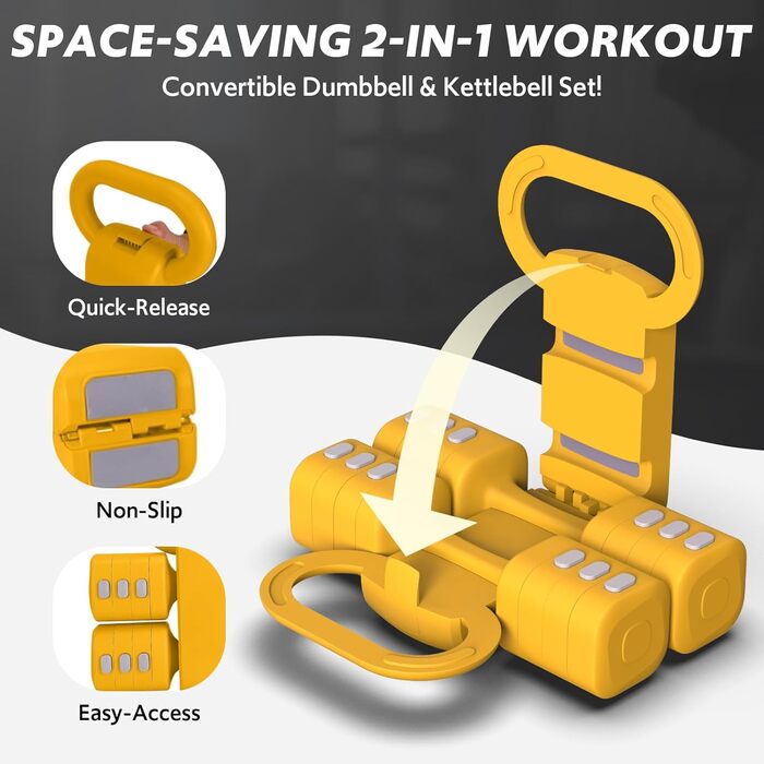 Регульований набір гантелей 2 шт. 4-в-1 для дому: швидка зміна ваги, 0.9-2.3 кг, жовтий