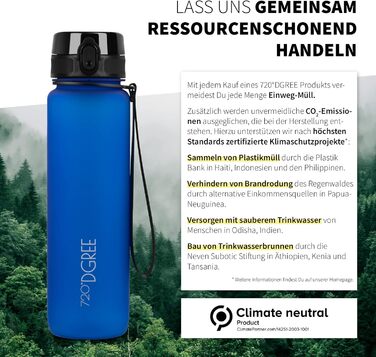 Бутилка для води 720°DGREE uberBottle 650 мл SoftTouch з фруктовим контейнером, тритановий, BPA-free, для дітей, школи, спорту, фітнесу, синя, ударостійка, не протікає
