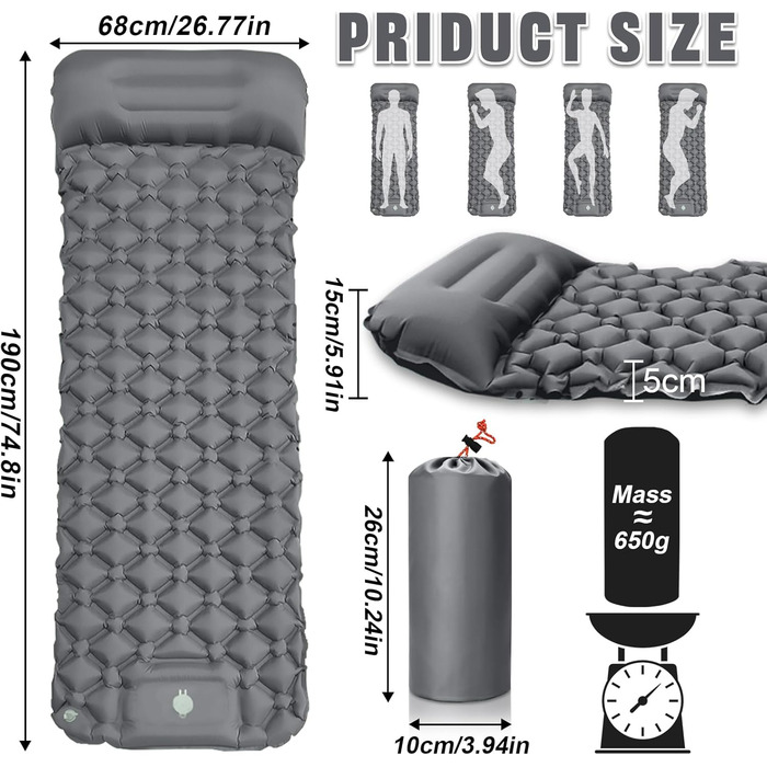 AQXONG Килимок для сну самонадувний, водонепроникний, з насосом та подушкою, ультралегкий, для кемпінгу, подорожей та відпочинку на природі - сірий