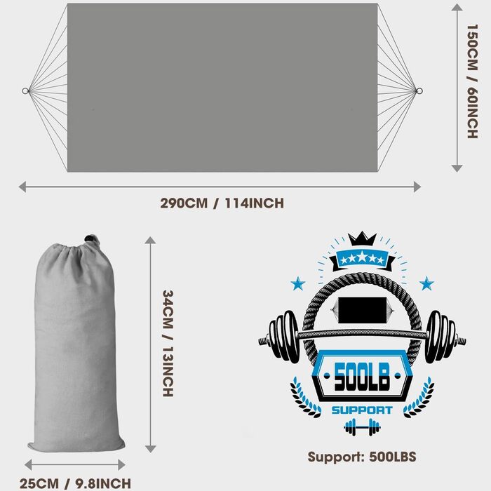 Гамак для відпочинку на відкритому повітрі: кемпінг, балкон, сад. З дерев'яною перекладиною, ременями та сумкою. Сірий з бахромою