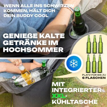 Крісло для кемпінгу Faltbuddy® 2-в-1: стілець та лежак, 180 кг, чорний, з великою сумкою-холодильником. Ідеально для риболовлі, пляжу, фестивалів та відпочинку на природі.
