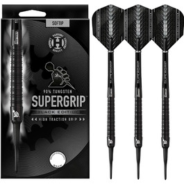 Дартс набір Harrows SUPERGRIP Black Edition 90% вольфрам, м'яка наконечник, 16 г, з Supergrip шaftами та оперенням