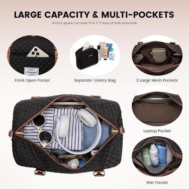 Спортивна сумка LOVEVOOK для жінок, велика з відділенням для взуття та мокрих речей, дорожня сумка-мішок, комплект з косметичкою, водонепроникна, ручна поклажа для літака, спортзал (M-2шт, чорно-коричнева)