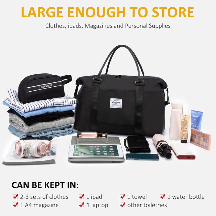 Спортивна сумка LOVEVOOK для жінок: дорожня, базова, для плавання, фітнесу, клініки, 30L, чорна