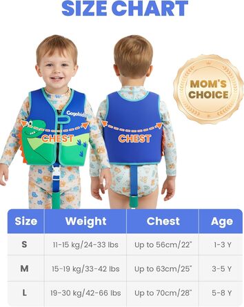 Дитячий жилет для плавання Gogokids 15-30 кг, для навчання плаванню, для малюків, неон, неопрен, регульований, 1-8 років (Зелений динозавр, L (5-8 років))
