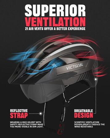 Велошолом VICTGOAL для MTB і шосе з магнітним візором, LED підсвіткою, сонцезахисним козирком, для дорослих, розмір XL (59-63 см)