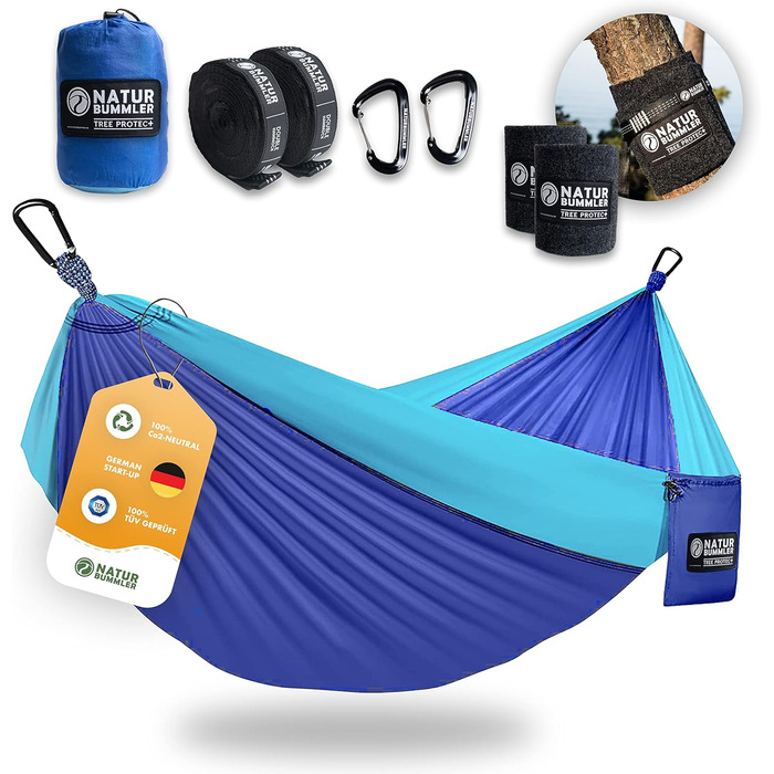 Гамак NATURBUMMLER® Outdoor з захистом дерев [Tree Protec+] – 300x170 см для 1-2 осіб – ультралегкий та стійкий до погодних умов – двошаровий гамак для кемпінгу, саду та відпочинку на природі (Натуральний зелений, Морська блакить)