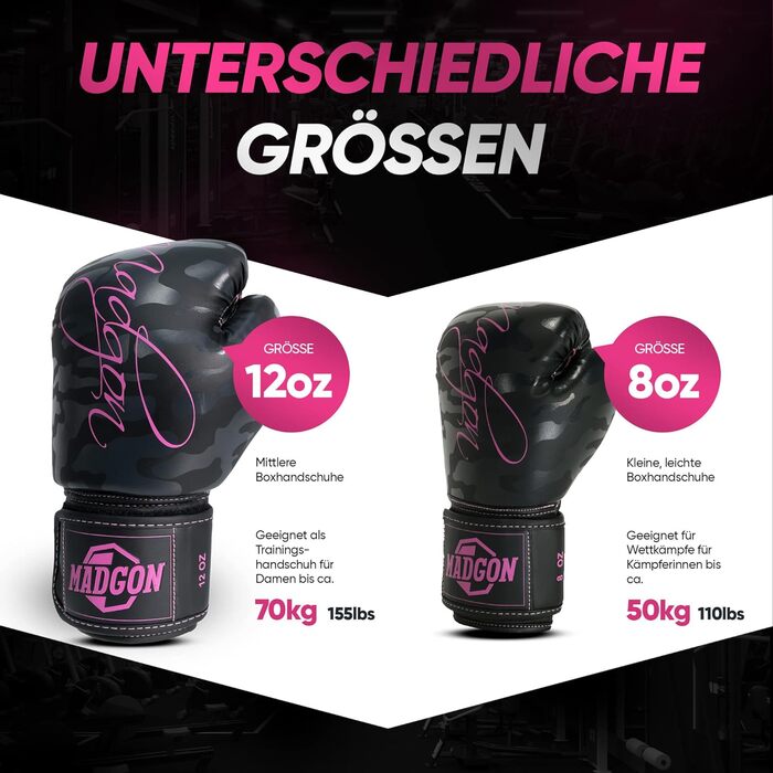MADGON Боксерські рукавички для жінок - преміум якість, для кікбоксингу, MMA, спарингу, муай-тай, боксу - 10oz, камуфляж/рожевий