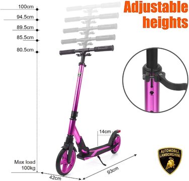 Скутер Lamborghini Tretroller Cityroller з великим колесом, складний, регульована висота, для дорослих та дітей, з підставкою, передньою амортизацією та гальмом на задньому колесі, до 100 кг (фіолетовий)