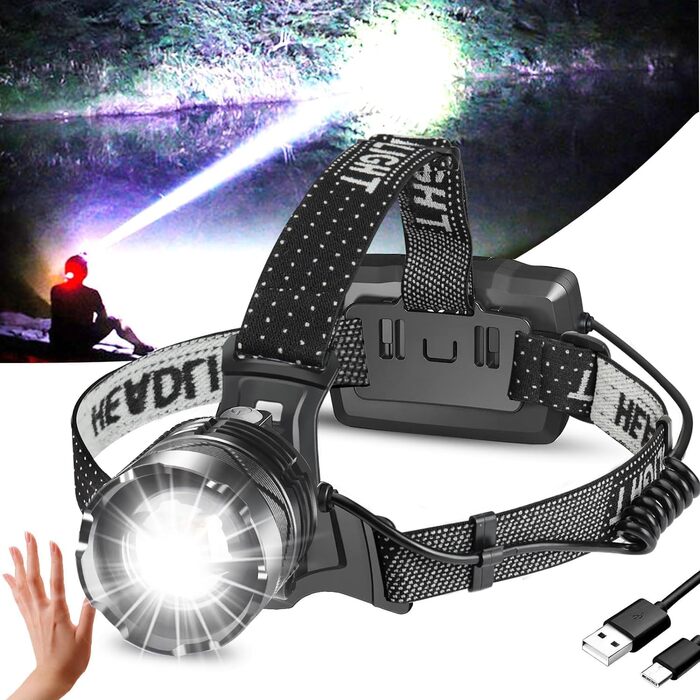 Фолето LED налобний ліхтар з акумулятором 9000 mAh, регульоване світло, 3 режими, IPX5 водонепроникність, 90° регулювання, з датчиком, для кемпінгу, риболовлі, бігу