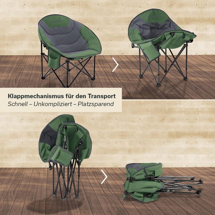 Крісло для кемпінгу Skandika Moonchair Sirkka | Зручне, складне, з кишенею-холодильником, тримачем для напоїв, ручкою та сумкою, антиковзні ніжки, до 150 кг, зелено-сіре