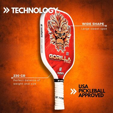 Піклбол ракетка ZCEBRA Gorilla Pro Orange, графіт-карбон, 16 мм, поліпропілен, текстурована, з чохлом