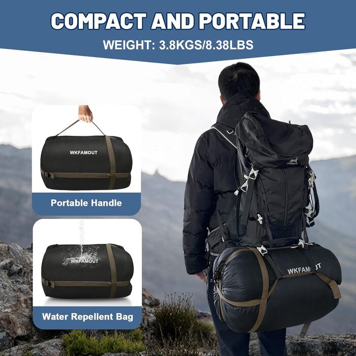 Спальний мішок для двох дорослих, ковдровий, водонепроникний, фліс, 220x150 см, чорний, з сумкою для зберігання