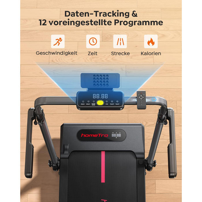 Складана бігова доріжка для дому з нахилом 7%, Walking Pad до 12 км/год, з регульованим поручнем та знімним робочим столом, двигун 3.0 к.с., керування через додаток та пульт, червоно-чорна