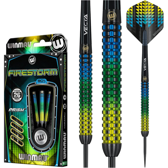 Дротики для дартсу WINMAU Firestorm, вольфрамові, 26 г, сталевий наконечник, набір з оперенням та хвостовиками, професійні