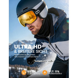 Ламікал - Скі-маска для чоловіків та жінок, сноуборд маска з OTG - [Ultra HD та ширший огляд] - Топ маска для катання на лижах з захистом від запоту, захисна маска для сноуборду з дзеркальним покриттям, скі-маска UV400 з захистом від відблисків (Покращена версія - чорний каркас - золотий (VLT: 11%))