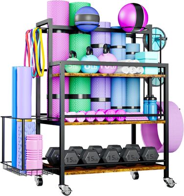 Стійка для зберігання обладнання для дому EasyCom: гантелі, гирі, ролик для пресу, килимок, стрічка, еластичні стрічки. З гачками та колесами, чорний колір