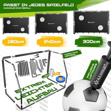 Ворота для футболу KESSER® для саду: міцні, для тренувань, з UV-стійким сітком, сталевий каркас з м'якою обшивкою, земляні кілки, насос, конуси, аксесуари для монтажу (300 см, з торговою панеллю, антрацит)