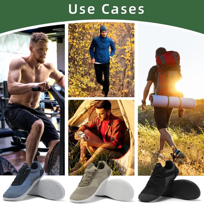 Взуття для ходьби босоніж Дами/Чоловіки | Широка передня частина, підошва 4 мм | Легке, дихаюче, неслизьке | Спорт, Outdoor, повсякденне (40 EU, Хакі)