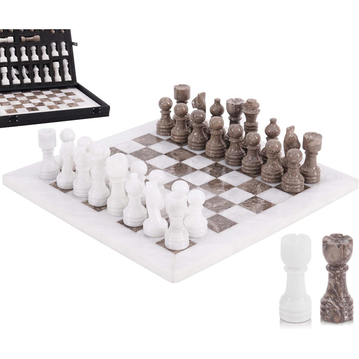Шаховий набір з мармуру для дорослих, ручної роботи, 32 фігури, 2 додаткові королеви, коробка для зберігання, подарунок, декор (Кораловий & Темно-коричневий) (Білий & Океанічний)