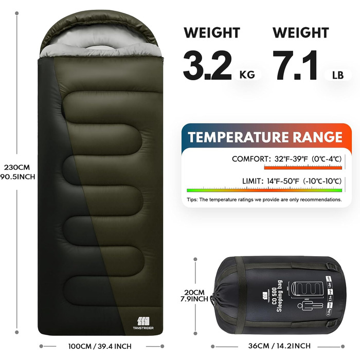 Спальний мішок 0°C XXL для дорослих, теплий клімат, для кемпінгу, зимових пригод, походів, полювання, подорожей (3,2 кг, зелений)