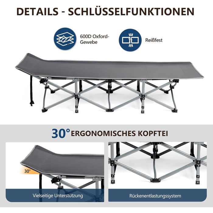 Розкладне ліжко Bonnlo для кемпінгу з матрацом – ліжко для риболовлі, відпочинку на природі, у саду, на пляжі, 190×71x36 см, сірий