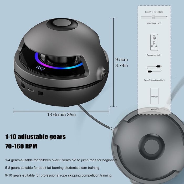 Електронна скакалка Smart з Bluetooth, LED-лічильником та дистанційним керуванням, налаштовувана швидкість 1-10, для декількох користувачів