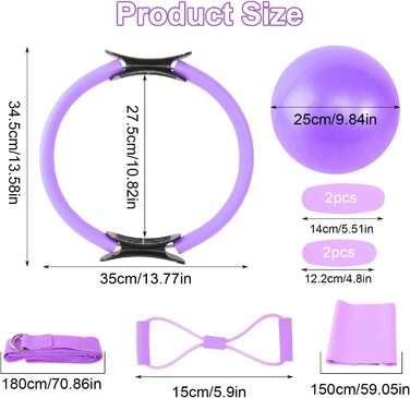 Набір для пілатесу вдома: м'яч 25 см, кільце, стрічка, гумки. Набір аксесуарів для пілатесу. Фіолетовий колір