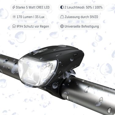 ANSMANN Набір велосипедних фар StVZO, CREE LED, 140 м, 35 Люкс, 170 Лм, IPX4, акумуляторні, USB, передня та задня фара