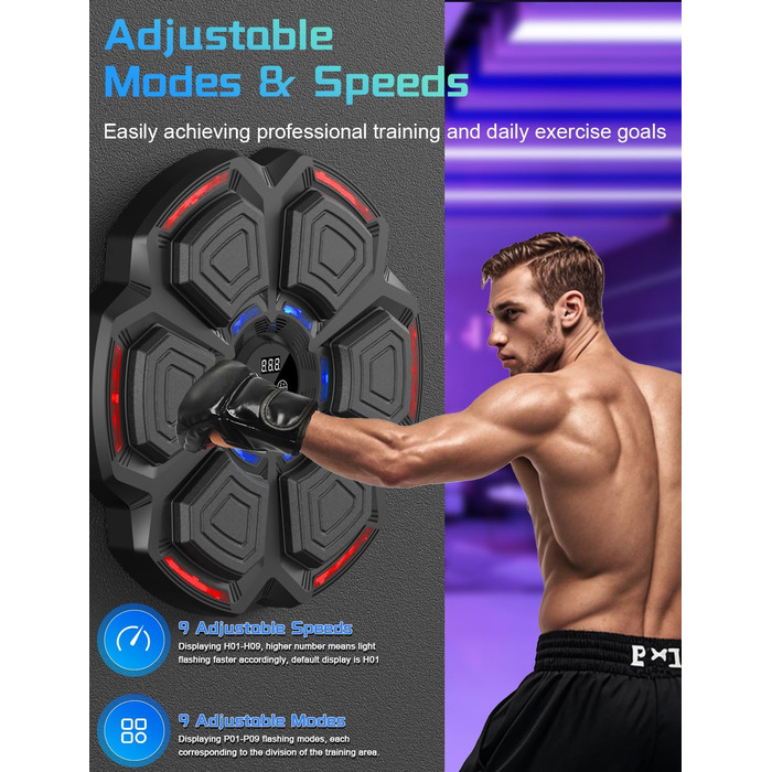 Музична боксерська машина з LED-підсвіткою та Bluetooth, 9 режимів швидкості, підрахунку ударів, рукавички в комплекті. Для дорослих та дітей