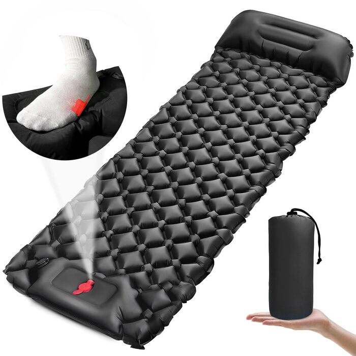 Каревіпарк Килимок для кемпінгу з подушкою, ультралегка повітряна матрац для кемпінгу, водонепроникний килимок для сну для кемпінгу, відпочинку на природі, подорожей, піших прогулянок, пляжу, чорного кольору.