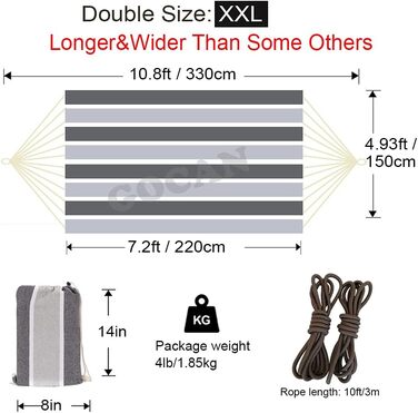 Гаммак GOCAN XXL для 2 осіб, 220x150 см, 330 см, 300 кг, бавовна, для відпочинку на вулиці та в приміщенні, сірий смугастий гамак