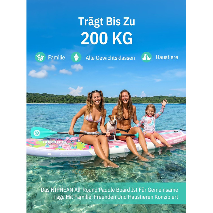 Надувне SUP-борд Niphean Stand Up Paddle Board з сидінням та аксесуарами, 320 см, для всіх рівнів, вантажопідйомність 200 кг (2 особи), Floral Symphony з StabilTrac-фіном