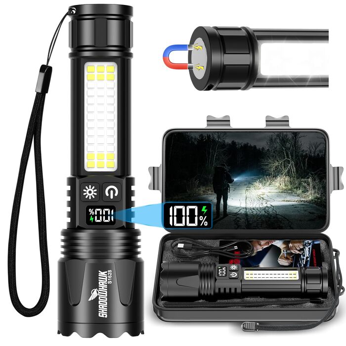 Ліхтарик тактичний Shadowhawk LED акумуляторний з USB-C/A, 7 режимів, COB, магніт, LCD-дисплей - чорний
