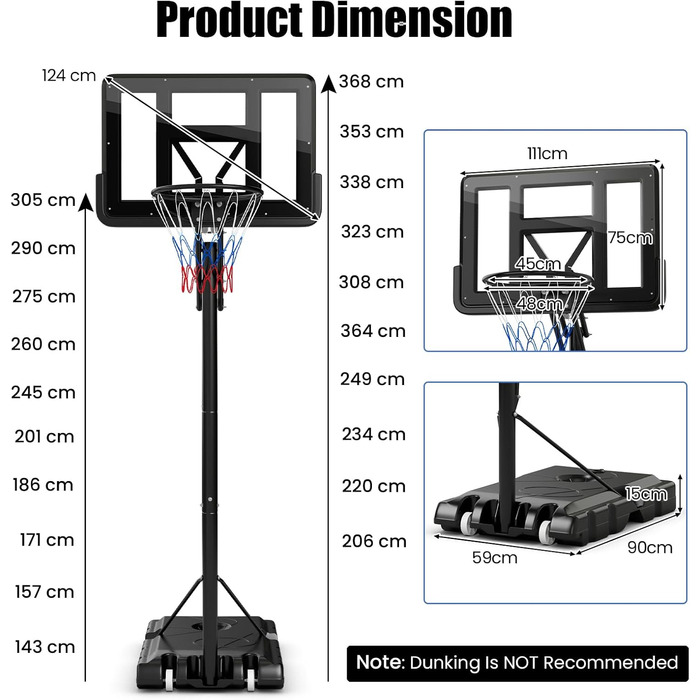 Баскетбольний стенд Komfotteu портативний, регульована висота 245-305 см, вуличний баскетбольний кошик на колесах для молоді та дорослих