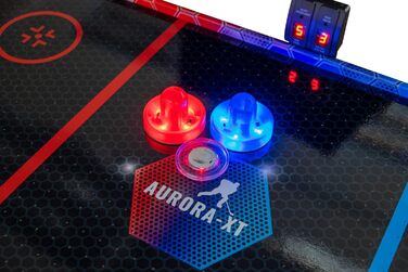 Airhockey стіл Aurora-XT від Carromco – великий стіл для аір-хокею з LED підсвіткою для дітей та дорослих від 7 років, 131x62x79 см, з LED шайбами та пушером, блок живлення