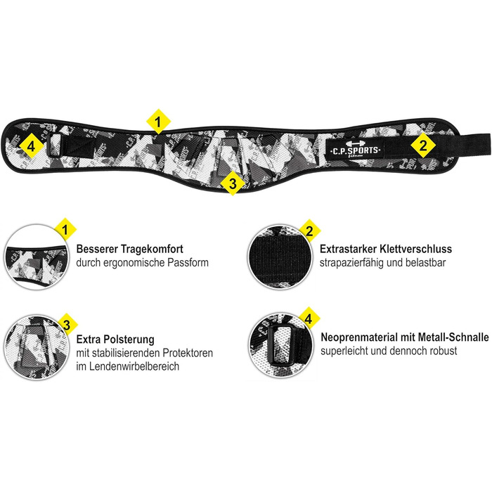 Пояс для важкої атлетики C.P. Sports – фітнес-пояс для бодібілдингу, силових тренувань, важкої атлетики. Міцний нейлоновий пояс для жінок та чоловіків, професійний, ультралегкий, розмір M (87-97 см), колір камуфляжний білий