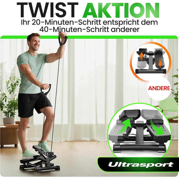 Ultrasport Swing Stepper для дому: міні-степер 2-в-1 з мотузками та LCD-дисплеєм, тихий, з регулюванням навантаження, для фітнесу