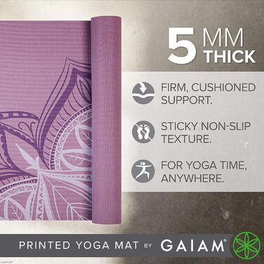 Йога мат Gaiam Premium 5 мм - Антиковзка тренувальна фітнес-мат для йоги, пілатесу та фітнесу (172,7 x 61 x 5 мм) - Колір: фіолетовий