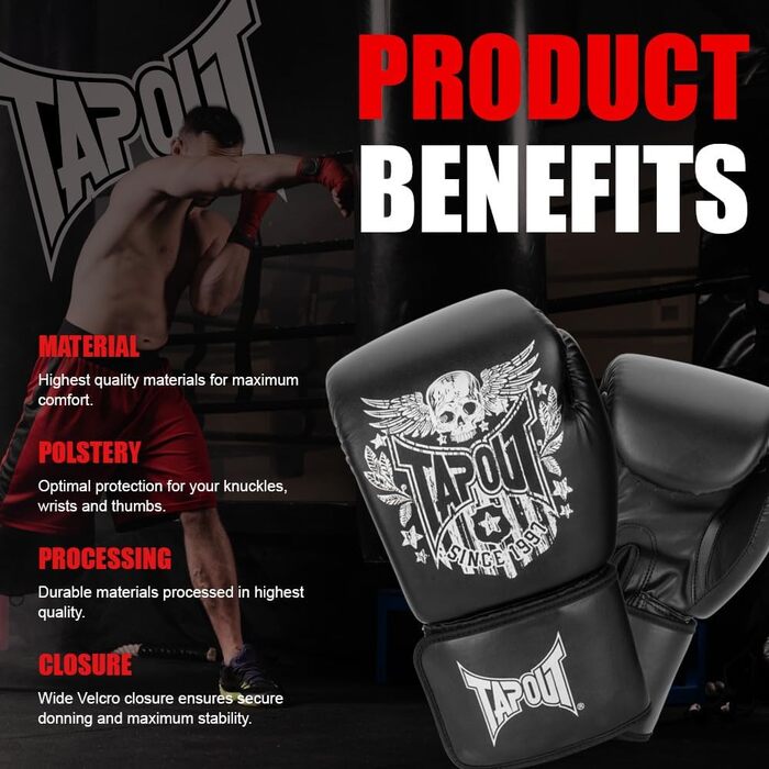 Боксерські рукавички Tapout з екошкіри, чорні/білі, 08 унцій