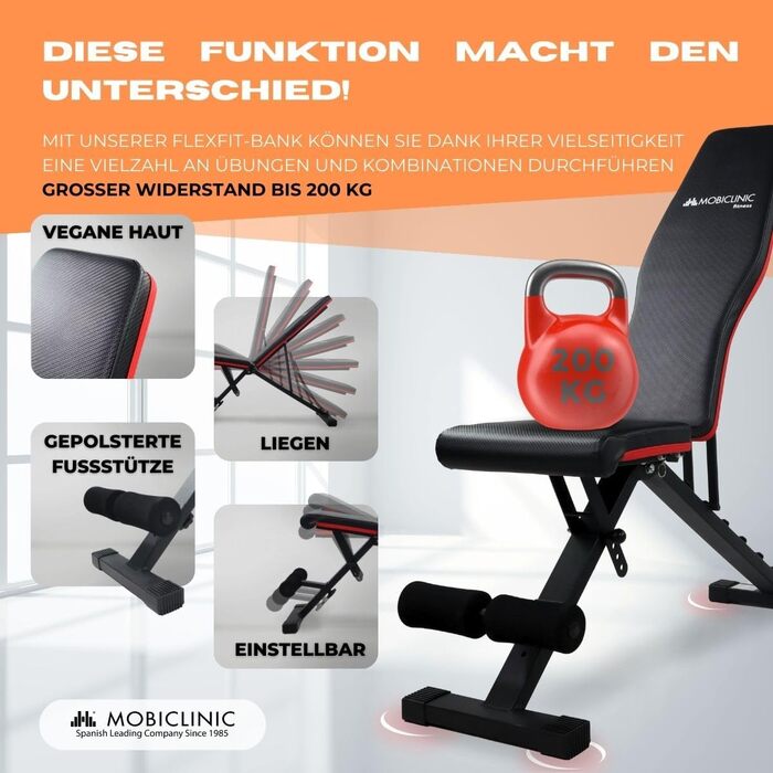 Складана лавка для фітнесу Mobiclinic Flexfit, регульована спинка і сидіння, до 200 кг, для домашнього тренування, європейський бренд, багатофункціональна