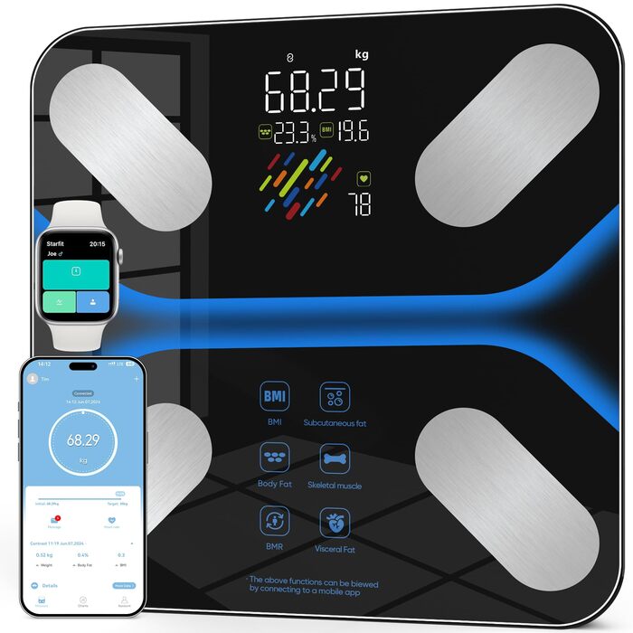 Ваги для тіла з аналізатором жиру Bluetooth, великий дисплей, 22 параметри, до 180 кг, чорні