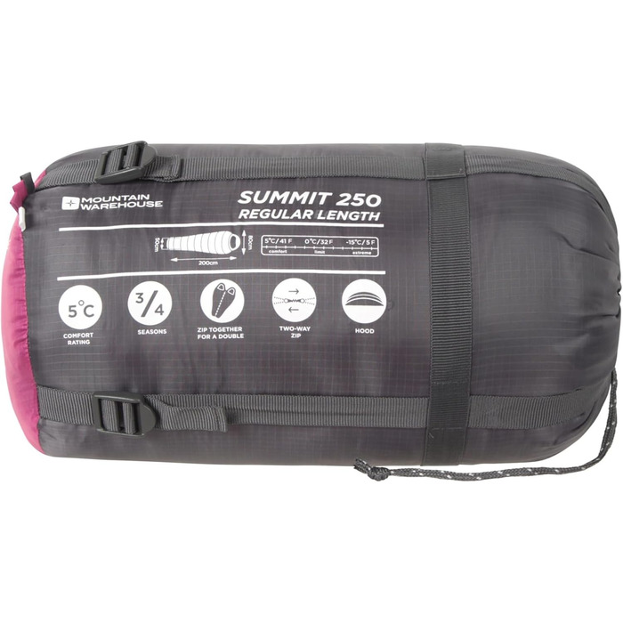 Сплячий мішок Mountain Warehouse Summit 250 - 3/4 сезону, ізольований, мумієподібний, 215 см, для кемпінгу та трекінгу, Fuchsia