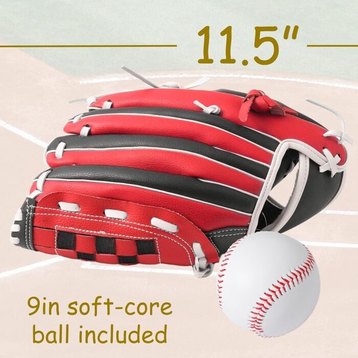 Рукавичка для бейсболу Urby для лівшів, дитяча, для T-ball (чорно-червона, розмір 11.5 дюймів, 7-11 років)