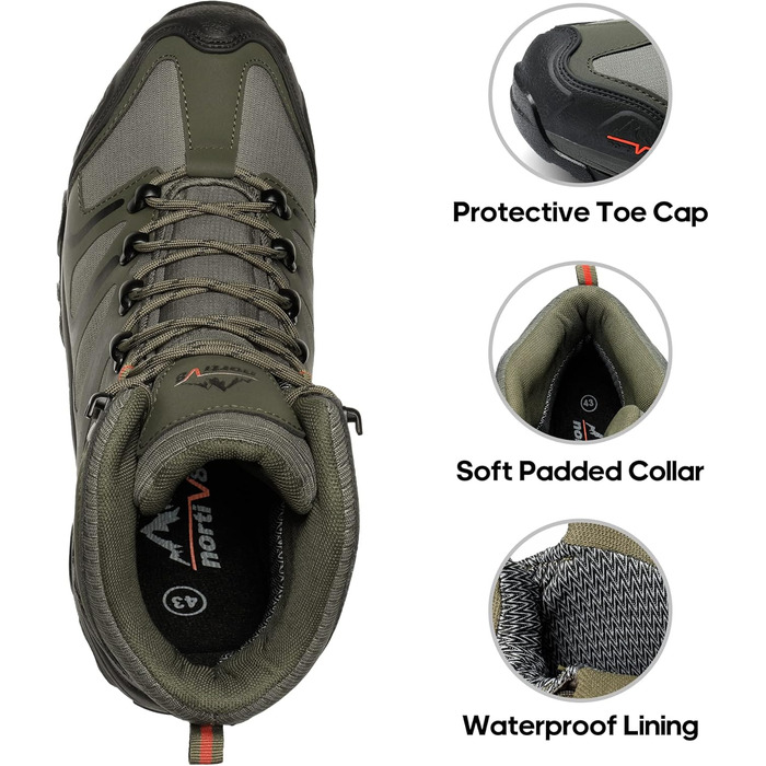 Чоловічі туристичні черевики NORTIV 8 - водонепроникні трекінгові черевики для хайкінгу та альпінізму, розмір 46 EU, широкі, оливковий, чорний, помаранчевий