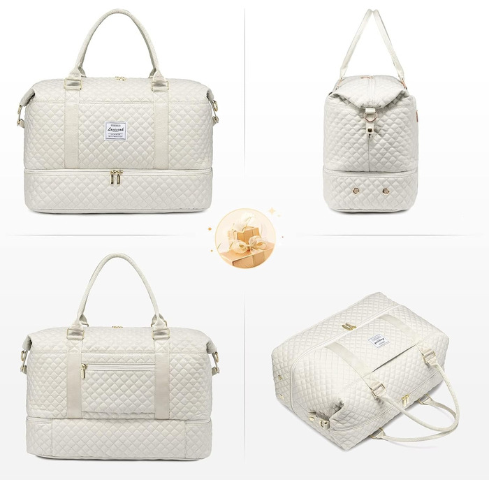 Спортивна сумка LOVEVOOK для жінок: велика дорожня сумка-мішок з косметичкою, відділенням для взуття та мокрих речей. Ідеальна для подорожей, клініки, пологів, вихідних. Водостійка сумка ручної поклажі для літака. 2 шт. Бежевий колір.