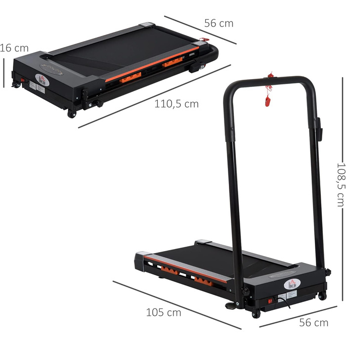 Електрична бігова доріжка HOMCOM з LCD-дисплеєм, складна, 1-6 км/год, сталева, чорна, 105x56x108,5 см – домашній фітнес-тренажер